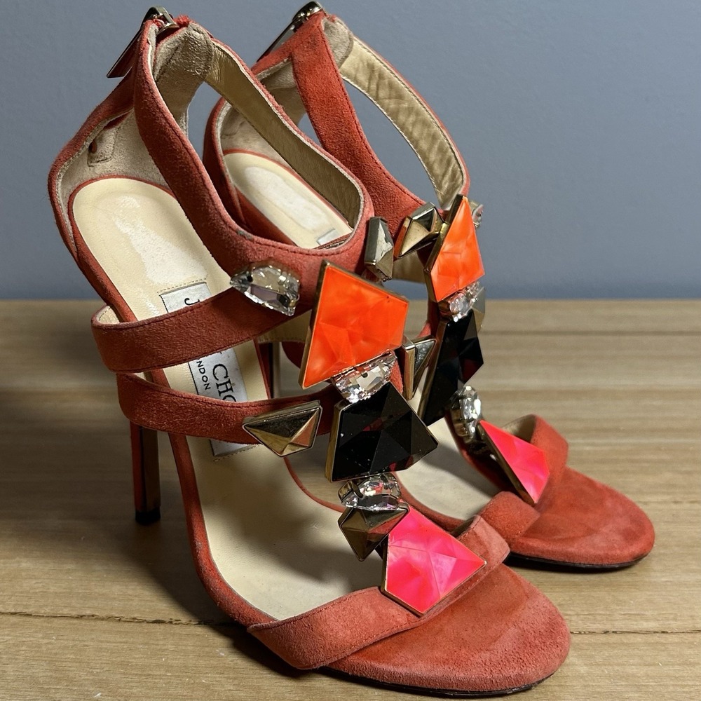 Jimmy Choo Orange Geometric Crystal Embellishment High Heel Stiletto Sandals